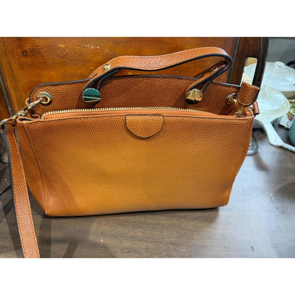 Cognac Brown Pebbled Vegan Leather Triple Compartment Satchel Crossbody Bag